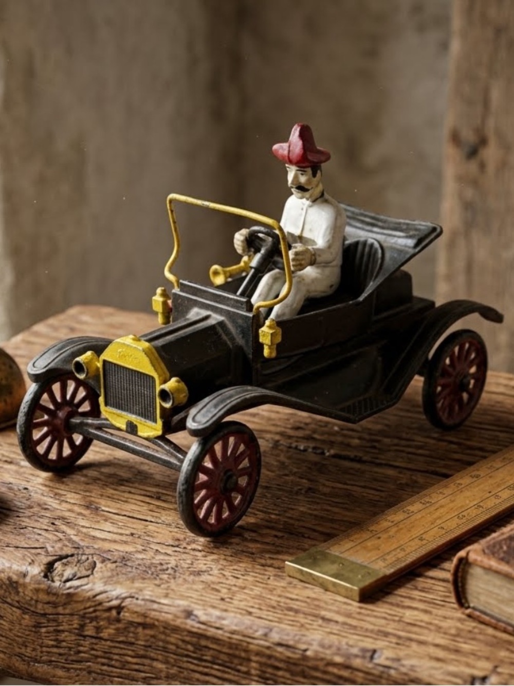Vintage MODEL T Toy Car and driver. Red Wheels. Plastic.